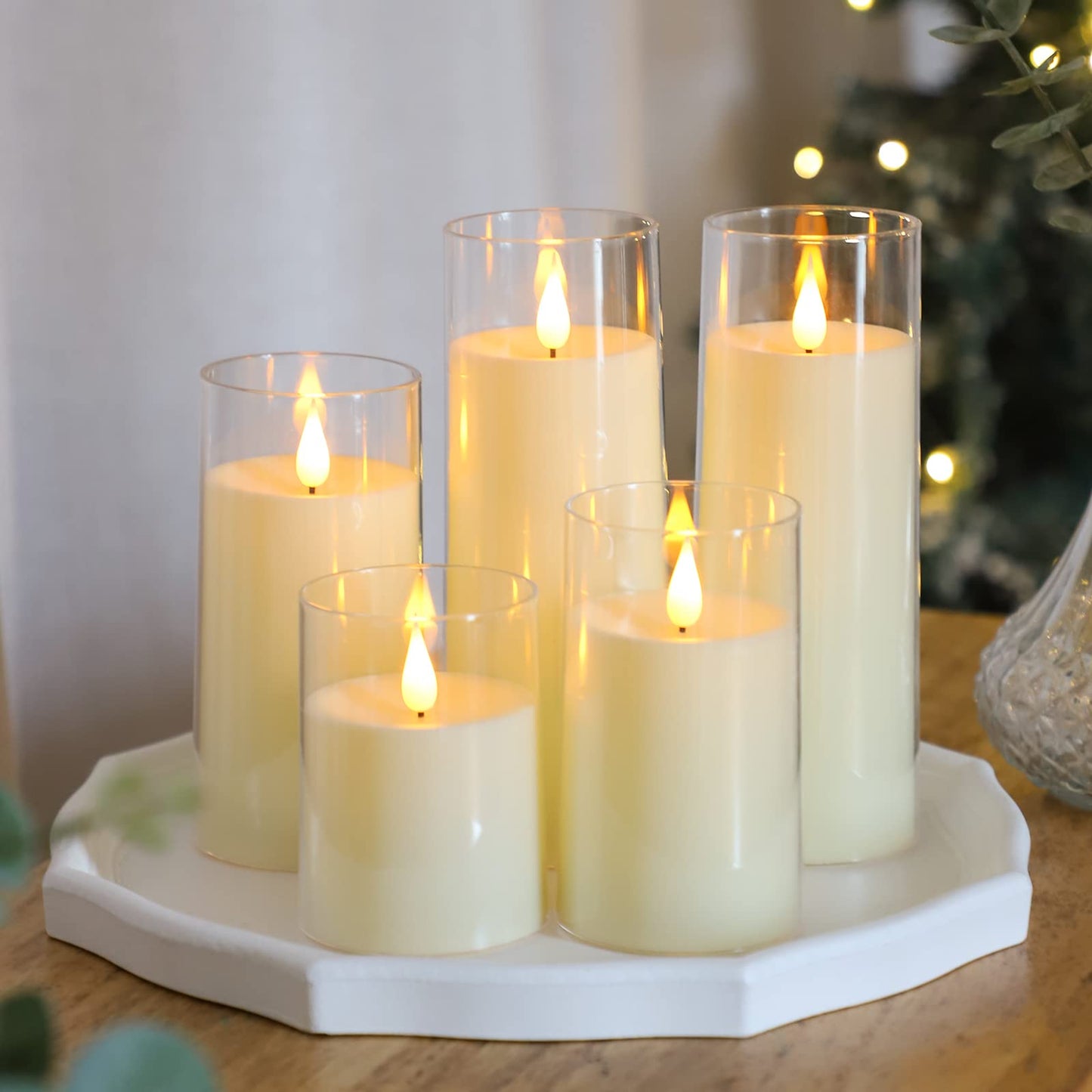 Fo32won Ivory White LED Flameless Pillar Candles Battery Operated with Remote and Timer, Pack of 5 (D 3"×H 4" 5" 6" 8" 8") Decorative Plexiglass Flickering Candles with 3D Flame