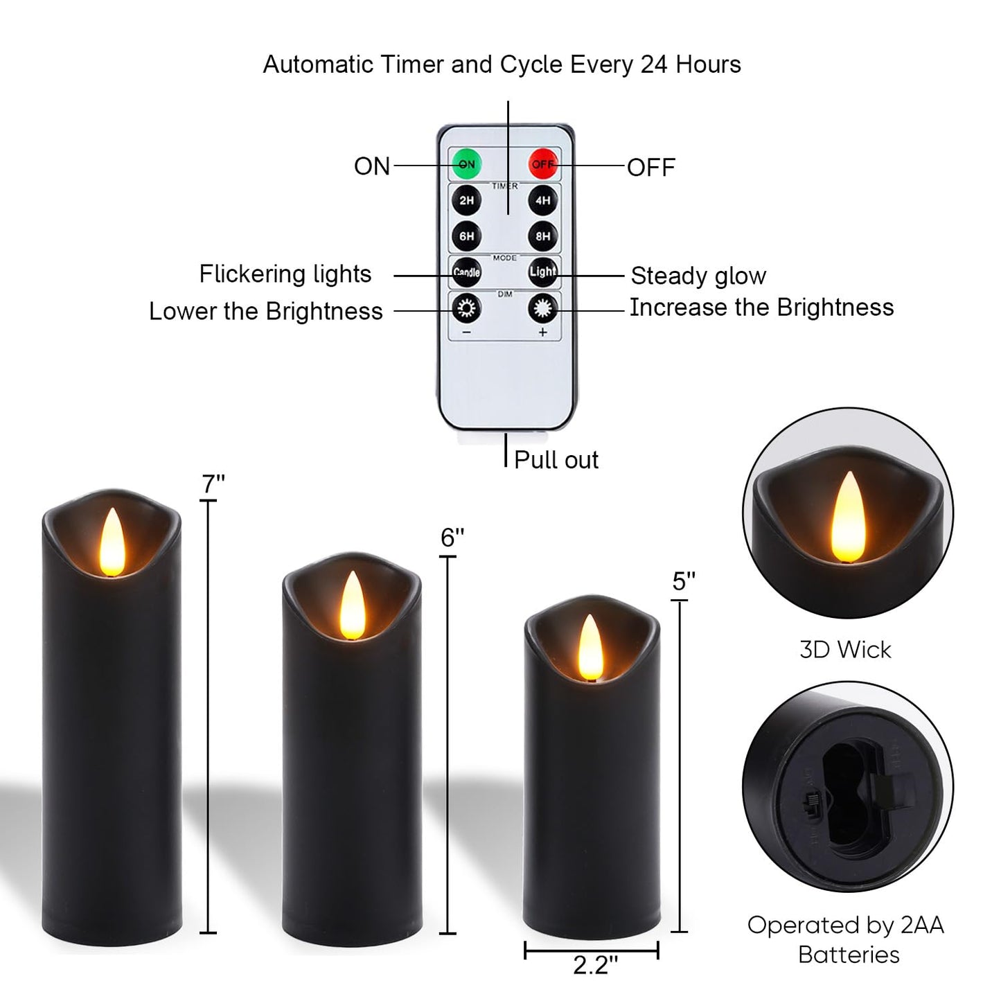 Homemory Black Flameless Candles, Halloween Candles, Battery Operated Candles, LED Pillar Candles with Remote Control and Timers, Set of 9