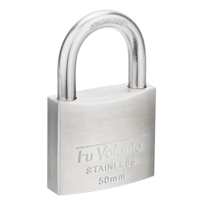 Fu Volante Stainless Steel Pin Tumbler Padlock, 304 Marine Series, Weatherproof Padlock for Outdoor use, 2 inch Wide Body, Keyed Different - Stainless Steel Body & Shackle