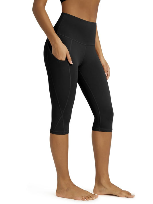 ODODOS Women's Knee Length High Waisted Yoga Capri Leggings with Pockets, Workout Running Sports Athletic Yoga Capris, Black, X-Large