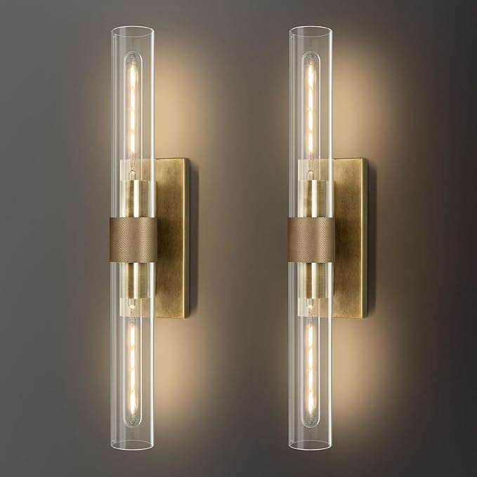 Wall Sconces Set of Two, Gold Bathroom Sconces Wall Lighting with Clear Glass, Modern Sconces Wall Decor Light Fixtures for Bathroom Mirror Living Room Hallway Bedroom