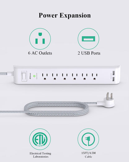 2 Pack Power Strip, 12FT Long Extension Cord, Surge Protector with 6 Outlets and 4 USB Ports (2 USB C), Flat Plug Overload Protection, Extension Cord 10+ ft, Wall Mount for Home Office Dorm College