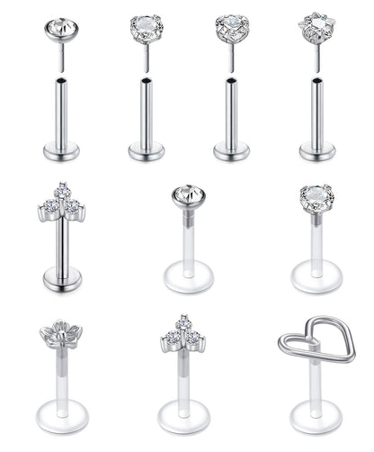 VFUN 16G Tragus Earrings Mixed Styles Bioflex Stainless Steel Lip Rings Labret Piercing Clear Helix Piercing Threadless Lip Stud Rings 10PCS 8MM