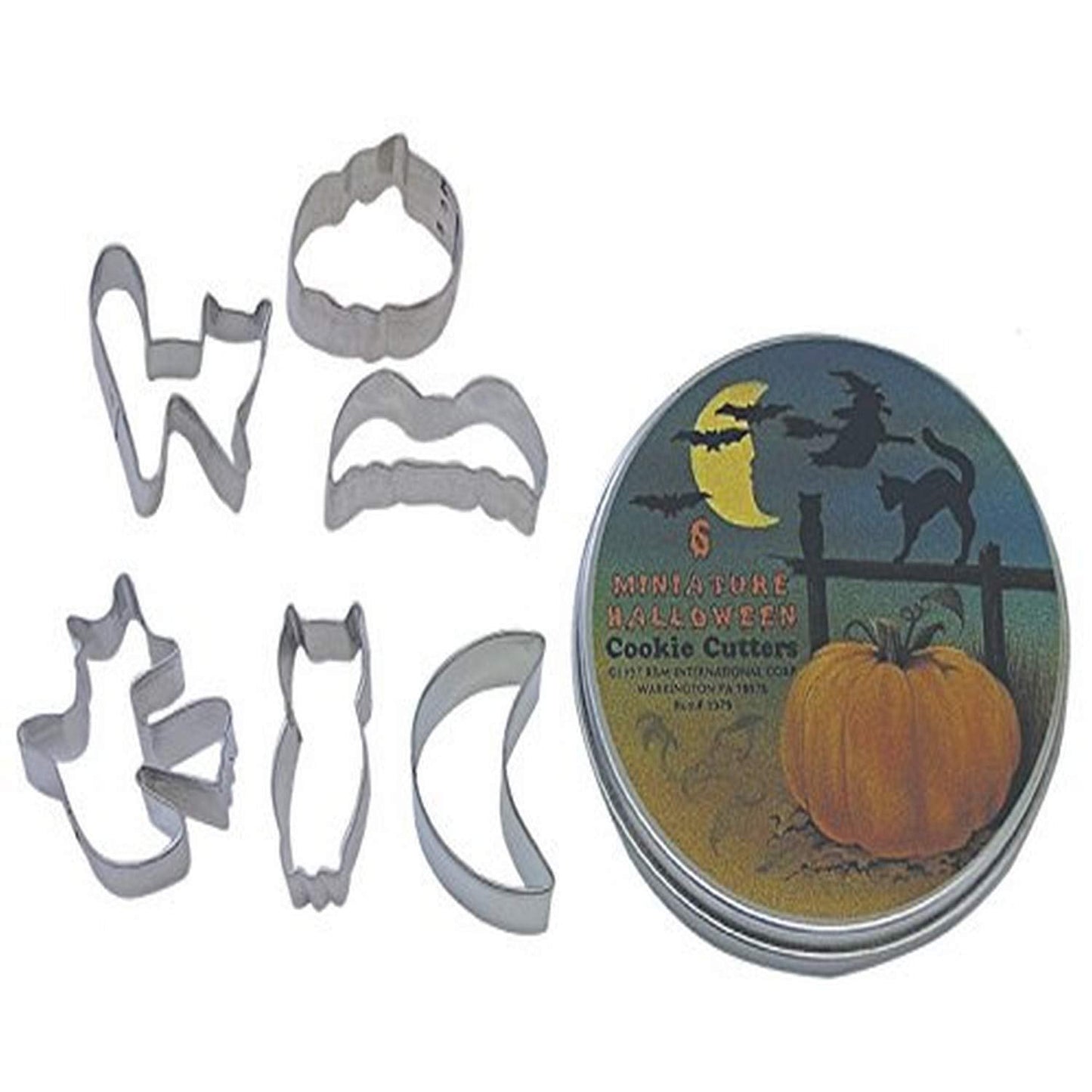 R&M Mini Halloween Cookie Cutters 1.5" - 1.75" - Bat, Pumpkin, Owl, Moon, Cat, Flying Witch - 6-Piece Set