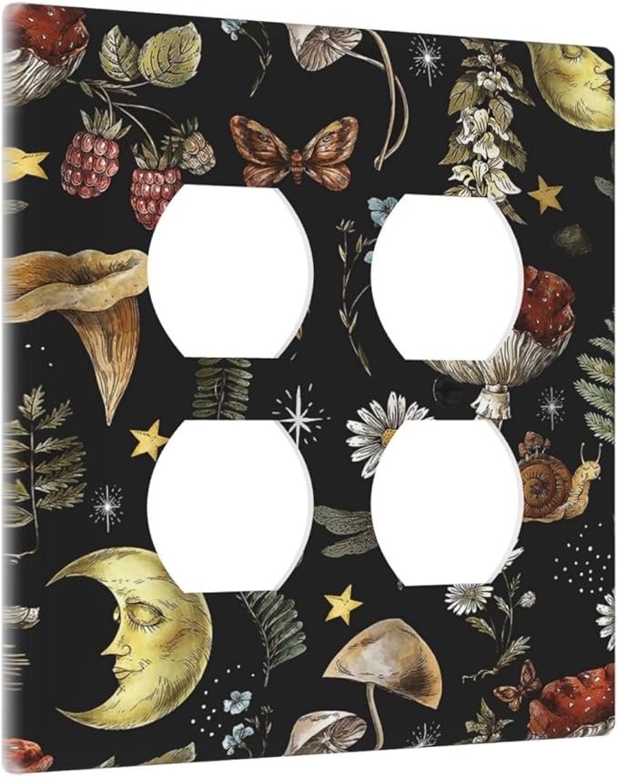 Decorative Light Switch Cover Plate Nature Plant Botanical Daisy Musrhoom Snails And Moon 2 Gang Socket Covers Double Duplex Wallplates Switch Plates and Outlet Covers for Bathroom Home Decor