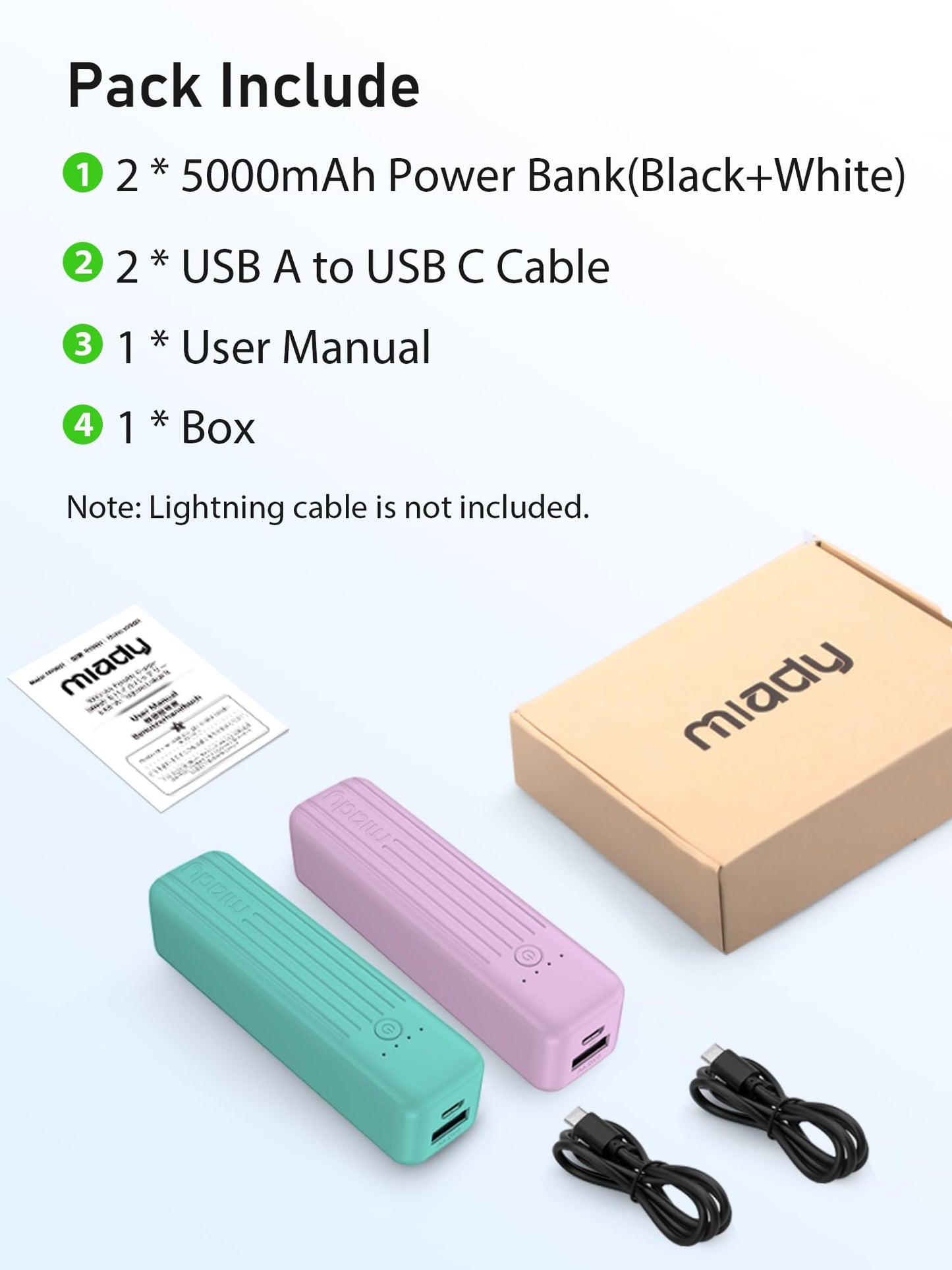 Miady 2-Pack Small Portable Charger, 5000mAh Mini Battery Pack 3.45oz Lightweight Power Bank 5V/2.4A Output & 5V/2A Input Compatible with iPhone, Galaxy, Android etc