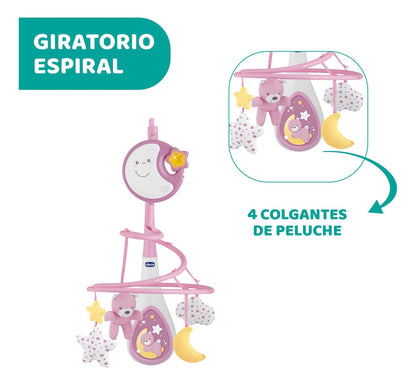 Chicco Next2Dreams Baby Mobile with Music Box for Cot and Bed - 3 in 1 Baby Mobile Compatible with Next2Me Cot, with Sound Effects, Soft Night Light Projector and Classical Music - 0+ Months, Pink