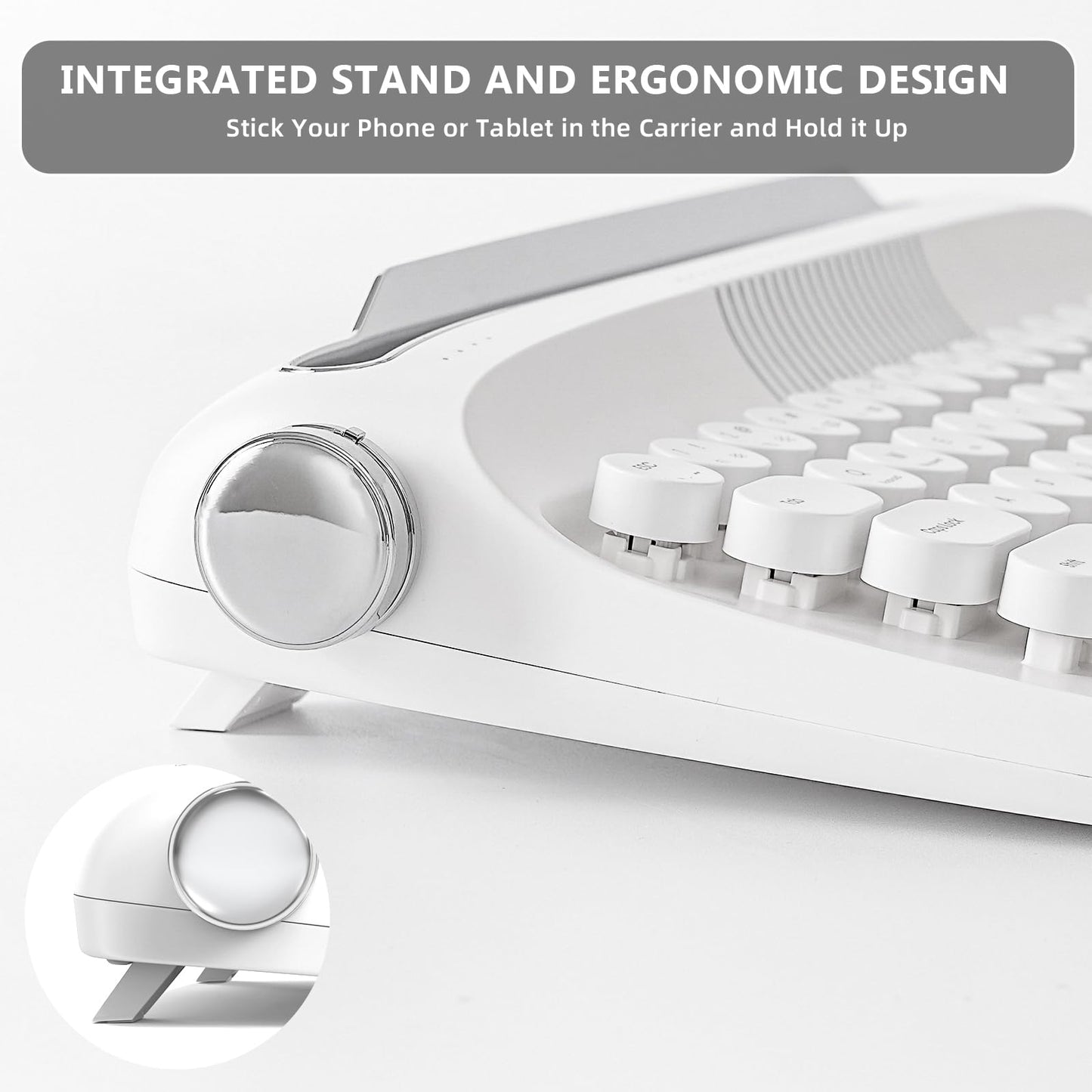 YUNZII Upgraded Wireless Typewriter Keyboard,with Retro Integrated Stand,USB-C/Bluetooth,Cute Round Keycaps, USB-C/Bluetooth Connection for Table, Phone, PC and Win/Mac/Android (B309, Baby Pink)