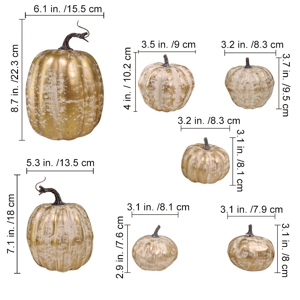 14 Pcs Assorted Fall Artificial Pumpkins Harvest Frosted Pumpkins Gold Brushed White Foam Pumpkins and White Faux Pumpkins for Fall Autumn Season Halloween Thanksgiving Harvest Holiday Season Festive