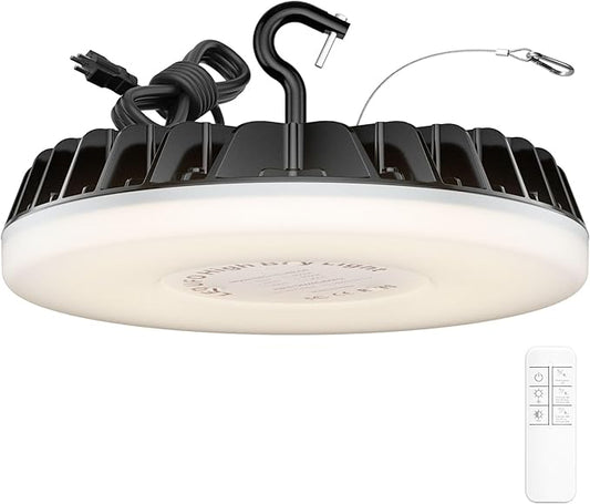 Smart Shop Lights 150W - Micware Motion Sensor 18000LM UFO LED High Bay Light with Multi-Function Remote, 10%-100% Dimmable IP65 Waterproof 5000k Garage Shop Lighting (New Remote)