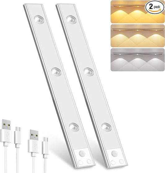 Pak Under Cabinet Lights, Rechargeable Motion Sensor Light Indoor, Wireless and 3-Color Dimmable with Cat’s Eye Hill Effect, for Display Cabinets, Showcases, Wine Racks, 2 Pack, Silver