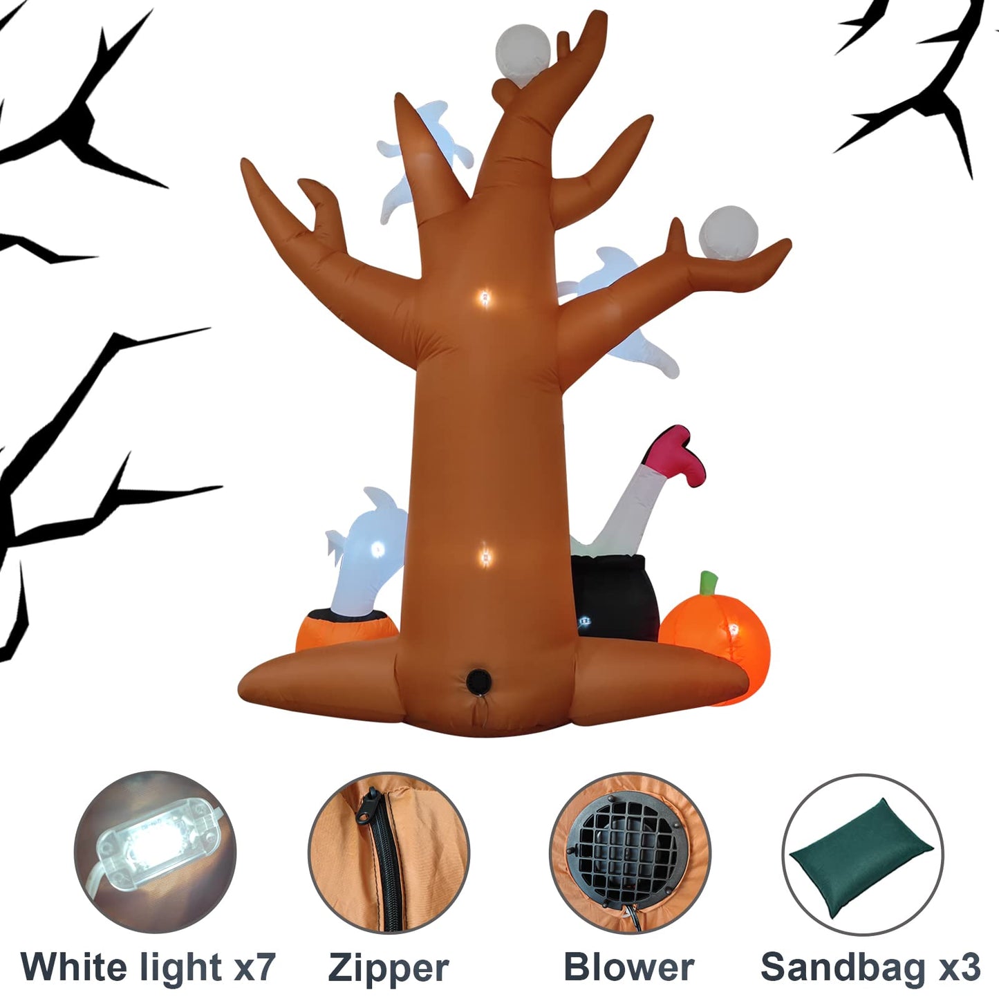 8 Ft Halloween Inflatables Outdoor Decorations - Outdoor Spooky Halloween Tree with Blow up Ghosts, Eyeballs, Pumpkins, Cauldron & Witch Legs - Built-in LED Lights for Outdoor Lawn Decor