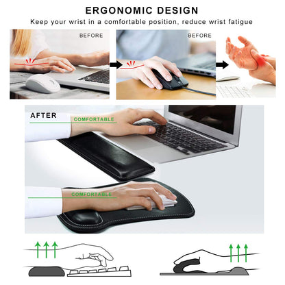 Cacoy Ergonomic PU Leather Keyboard Wrist Rest and Mouse Pad Wrist Support Set Memory Form-Filled and Non-Slip Base Easy-Typing and Pain Relief Wrist Rest for Office Computer Laptop (Black)