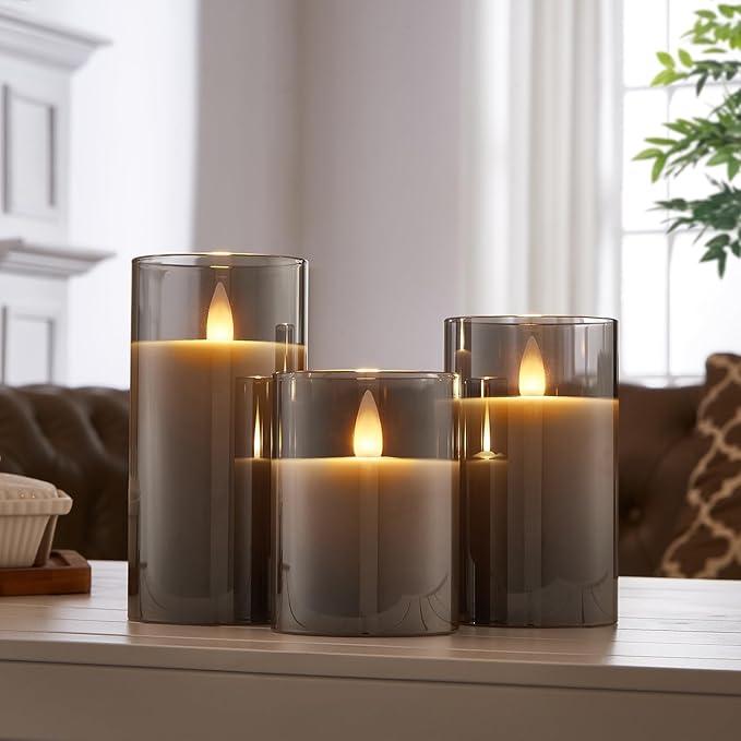 Glass Flameless Pillar Candles Flickering with Remote Timer, Battery Operated LED 3D Moving Flame Real Wax Candles,Remote Included (Gray)