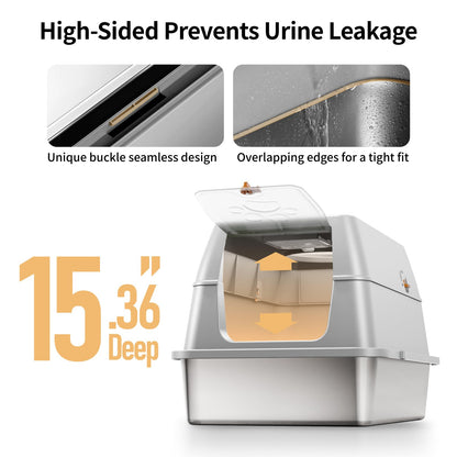 Eosarcu Stainless Steel Cat Litter Box with Lid, XL Large Enclosed High Sided Litter Box with Removable Lid, Carbon Filters -Odor Free, Easy Cleaning, Anti-Urine Leakage for Big Cats/Multiples-Grey