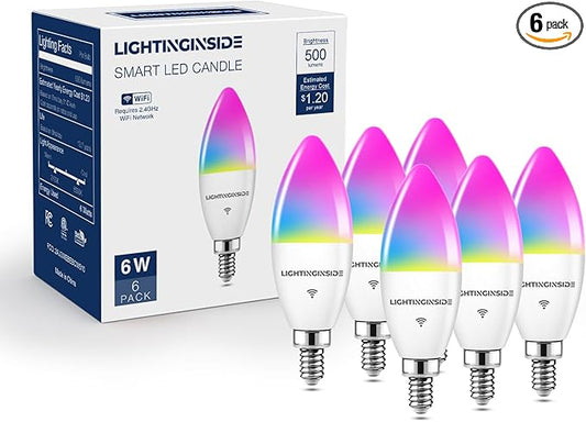 Lightinginside E12 Smart Light Bulbs 60W Equiv., Work with Alexa/Google Home/Smart Life, 500LM 6W RGBCW Candle Candelabra LED Light Bulbs, No Hub Required, 2.4G WiFi Bluetooth Bulb, ETL Listed, 6PCS