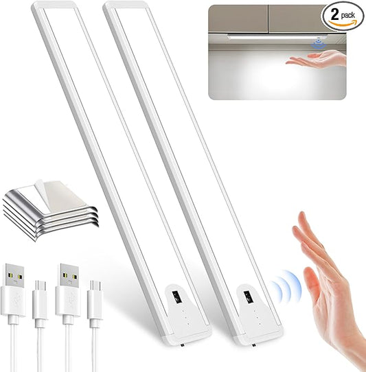 Pak 16 Inch Under Cabinet Lights, Hand Wave Sensor 83 LED Indoor Cabinet Lighting, USB Rechargeable Wireless Closet Light, Stepless Dimming Under Counter Light for Kitchen, Shelves, Bedroom, 2 Pack