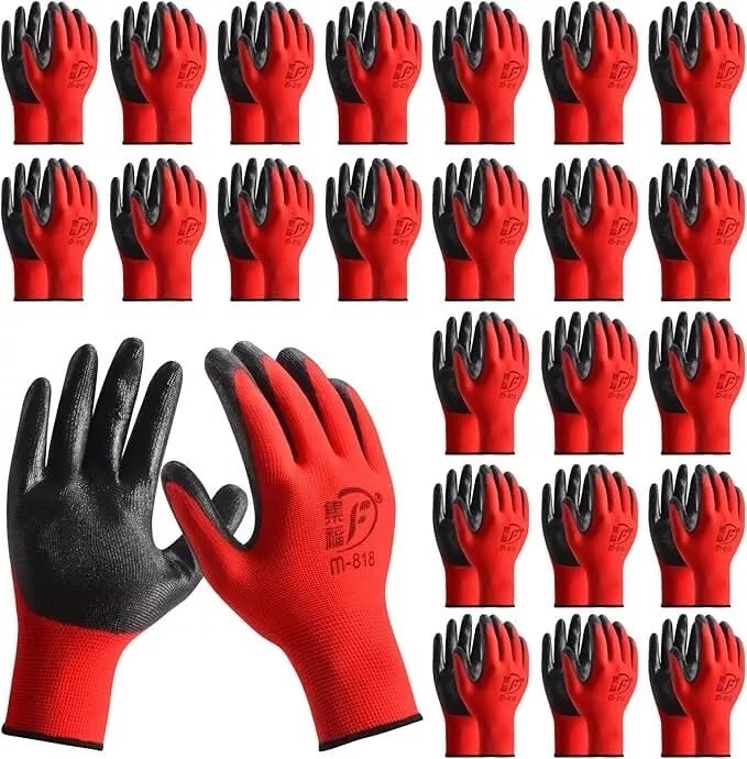 Ruiyang 24 Pairs Red And Black Worker Gloves Handling Safety Work Gloves General handling, Builders Construction, Engineering, Maintenance, Material Handling, Packing Warehouse (Large)