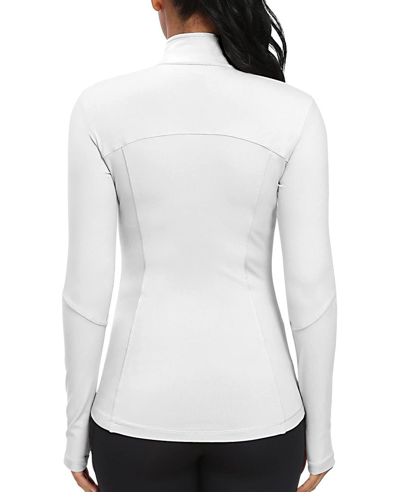 GYM RAINBOW Workout Jackets for Women, Full Zip Slim Fit Lightweight Athletic Running Sports Track Jacket with Pockets(1-White,Medium)