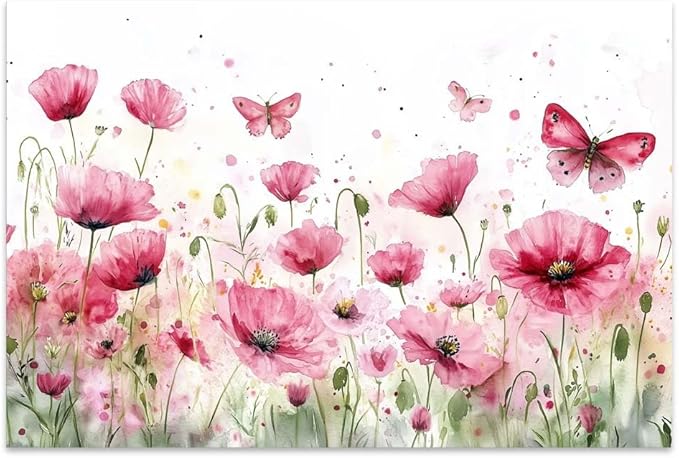 Yesad Poppies Wall Art, Pink Poppy Canvas Wall Art Flower Pictures Floral Poster Prints Farmhouse Wall Décor for Living Room Bedroom Home Decorations (Unframed,30”x20”, Poppy3)