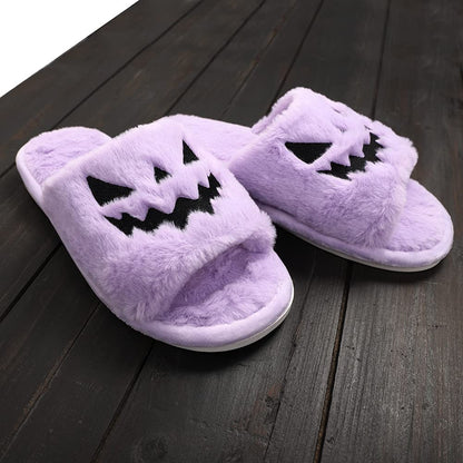 TITTOK Spooky Slides Halloween Slippers Jack O Lantern Pumpkin Soft Plush Cozy Open Toe Indoor Outdoor Fuzzy Slippers Gifts For Girls Women Girlfriend Men