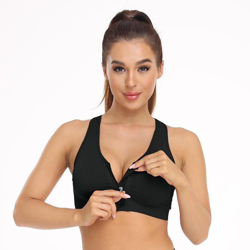 Racerack Women's Zip Front Sports Bra - Wireless, Padded, Post-Surgical Bra with Front Closure - 3 Pack (XX-Large, Black+Flesh+Light Blue)