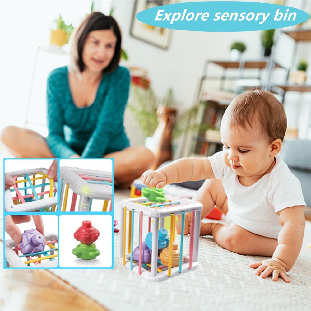 ELLECK Baby Toys 6-12 Months, Montessori Toys for Toddlers 1-3 Year Old, Busy Cube Teether Infants Bath 6 in 1 Stacking Blocks Rings, Suction Cup Spinner, Shape Bin Sensory (0035)