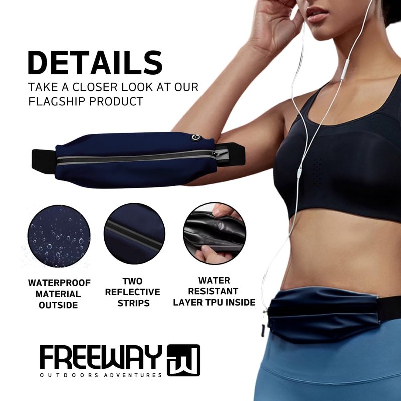 FREEWAY OUTDOORS ADVENTURES Running Belt for Men & Women - Secure Jogging Pouch for Phone, Keys & Essentials. Water Resistance, Adjustable for All Cell Phones (BLUE)