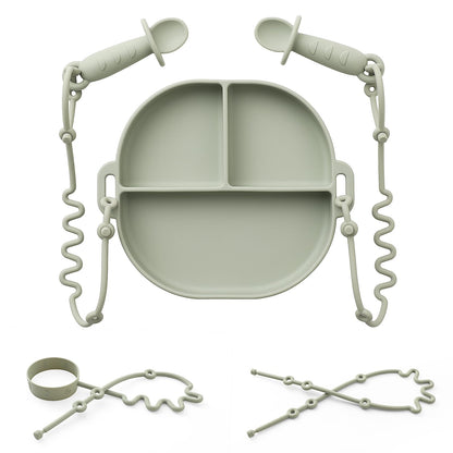 Andy Bear Silicone Plates for Babies with Suction Divided Baby Spoons Silicone Baby Toy Straps All-in-one Plates Silicone Placemat for Babies Toddlers Attachable Tethers & Built-in Suction Cups-Sage
