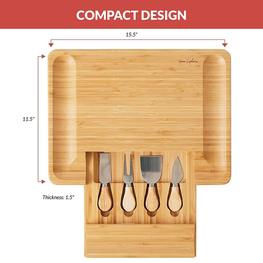 Bamboo Cheese Board and Knife Set - Beautiful Charcuterie Board for Wine, Cheese, and Gifts