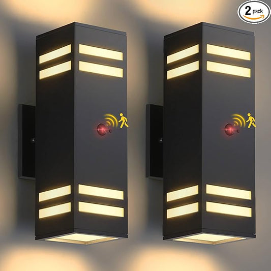 Motion Sensor Outdoor Lights 2 Pack, Modern Outdoor Wall Lights Black Exterior Lighting Fixtures, Square Motion Detector Lights for Outside, Waterproof Sconce for House Porch, Bulbs Included