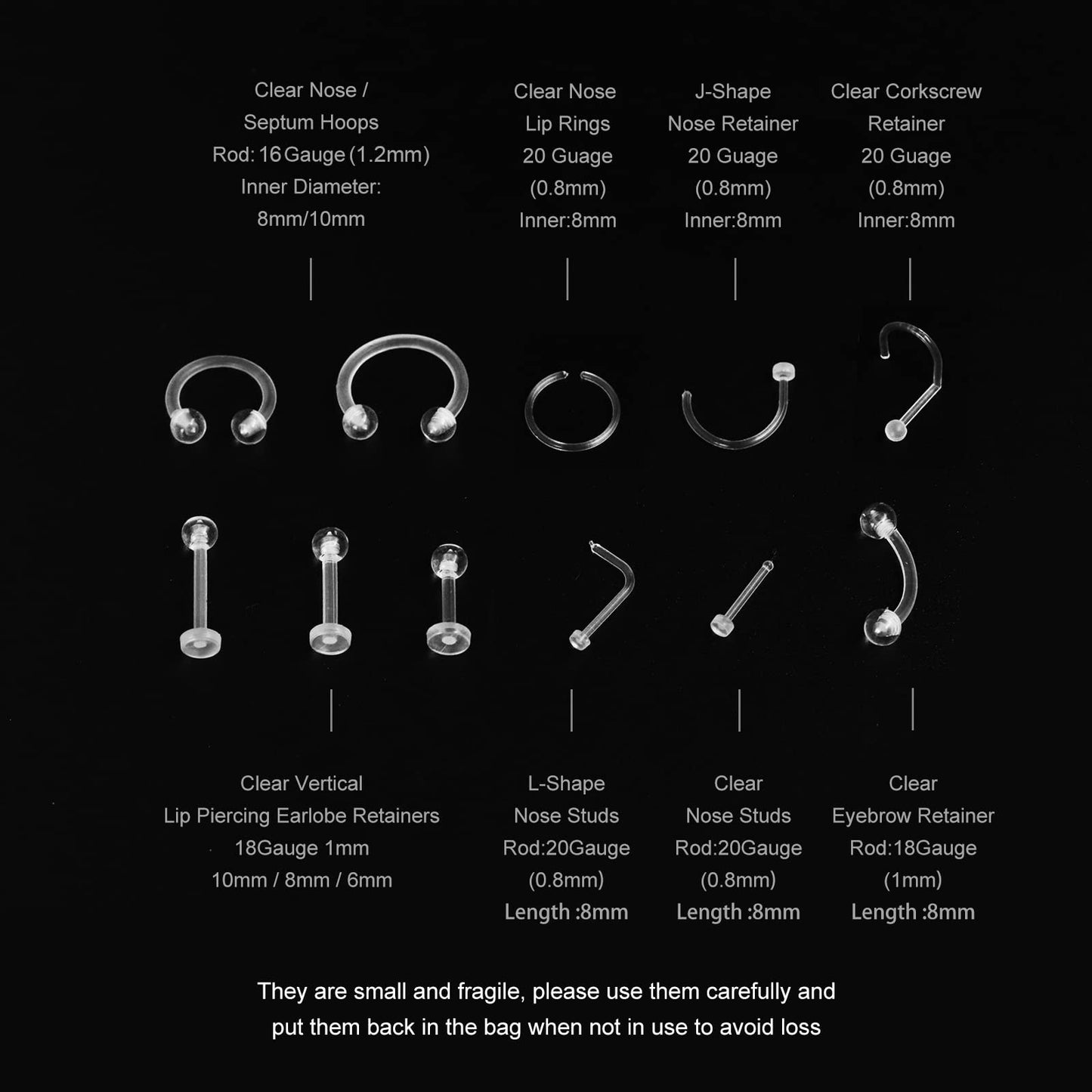 MixPiercing 48Pcs Clear Piercing Retainers Jewellery Plastic Nose Tongue Nipple Belly Bars Eyebrow Lip Labret Stud Septum Hoops Cartilage Industrial Tragus Earring Retainer For Surgery Mri