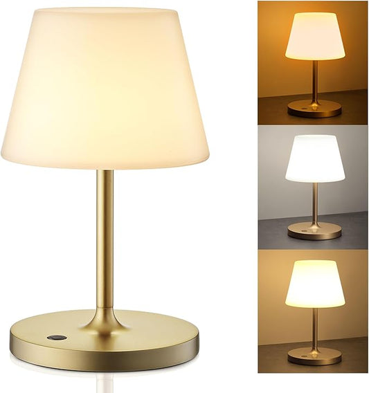 Outdoor Battery Operated Table Lamp & Power Bank - 5000mAh Rechargeable Battery Powered, Touch Dimmable, 3 Color Temperatures, IP44 Waterproof Lamp Light for Home, Patio Use - 9.6 In Modern Brass