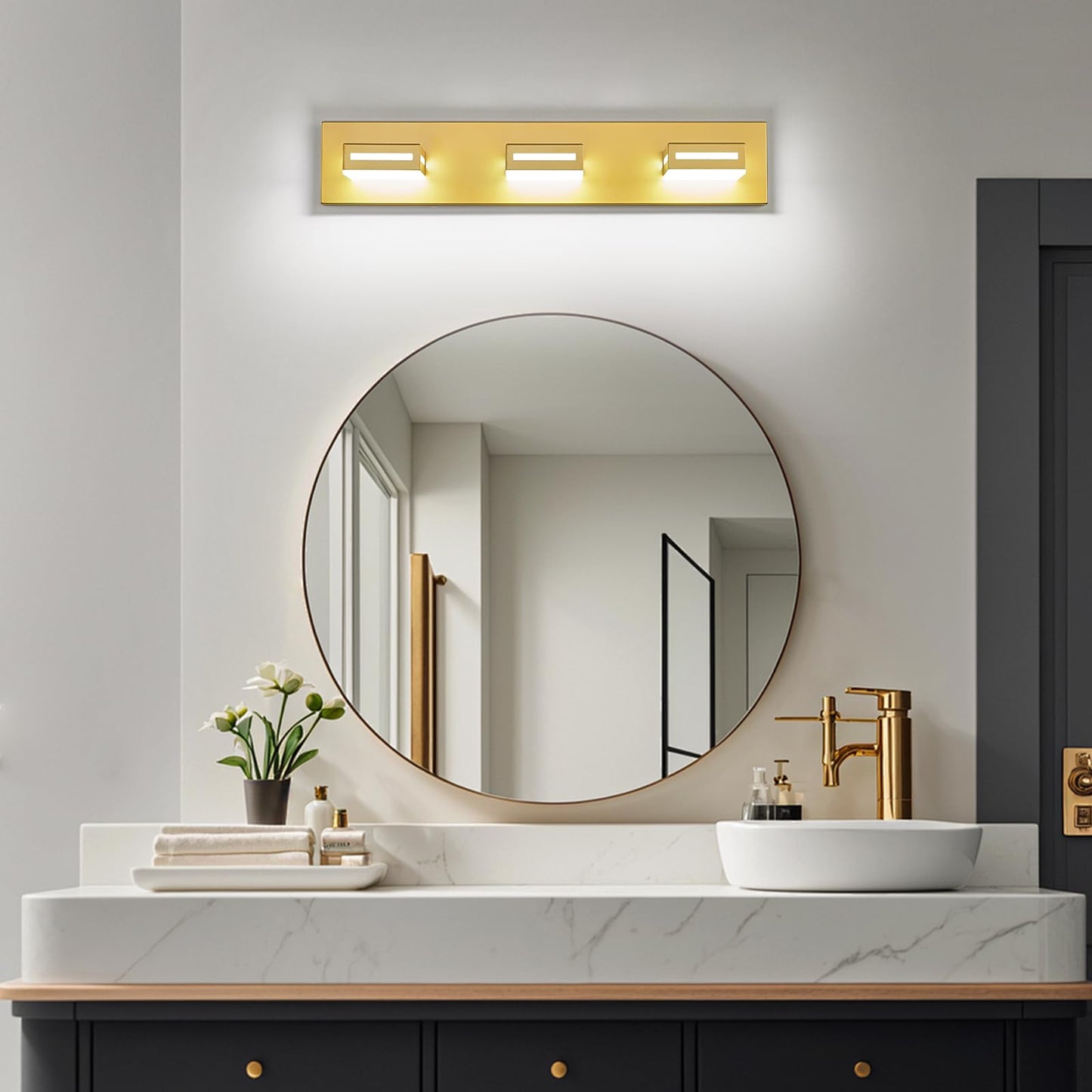 Donrao 24-Inch 3-Light LED Modern Gold Bathroom Vanity Light Fixtures Over Mirror, Bathroom Lighting Fixtures with Cool White 6000K, Vanity Wall Lights for Bath Restroom Powder Room