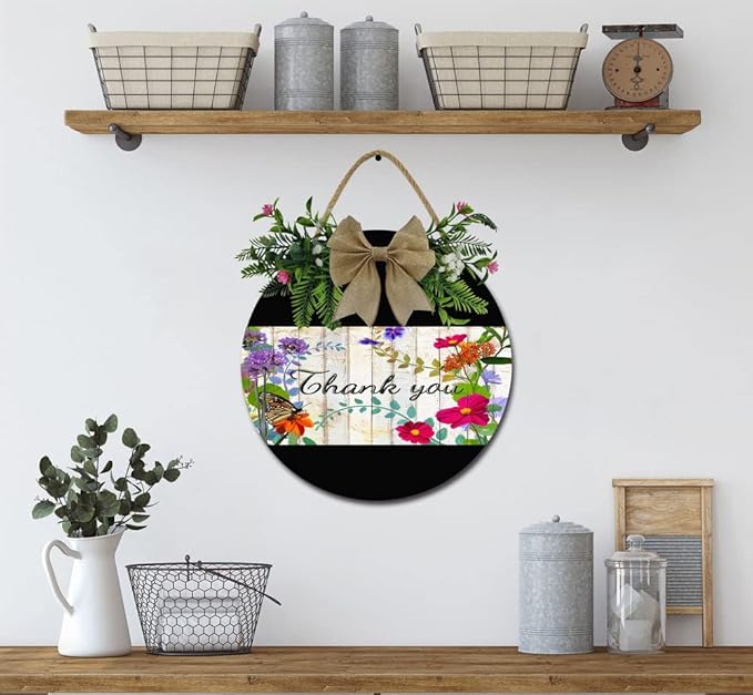 A Garden Thank You Front Door Sign Funny Wreaths Hanging Wooden Plaque Decoration Round Rustic Wood Farmhouse Porch Decor for Home Front Door Decor, 12 x 12 Inch