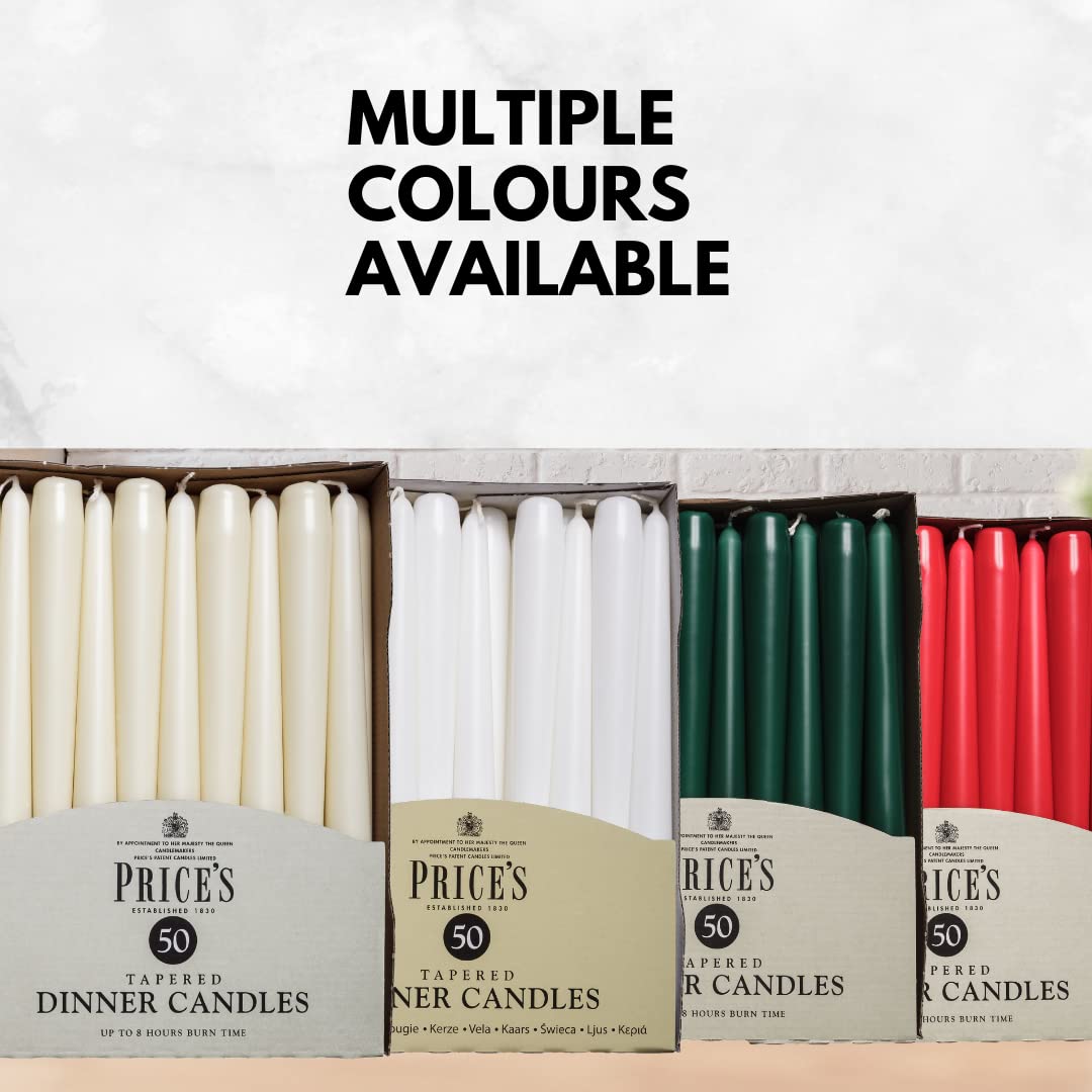 Price's Candles Tapered Dinner Candles Ivory Unscented Wax Pack of 50 | 7 Hour Burn Time Elegant Long Candles for Home Decor, Events, Celebrations & Dining