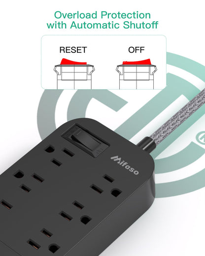 Power Strip - 10 FT Long Flat Plug Extension Cord, 6 Outlets 2 USB A 2 USB C Ports Outlet Extender with Overload Protection, Wall Mount, Desktop Charging Station for Home, Office and Dorm Essential