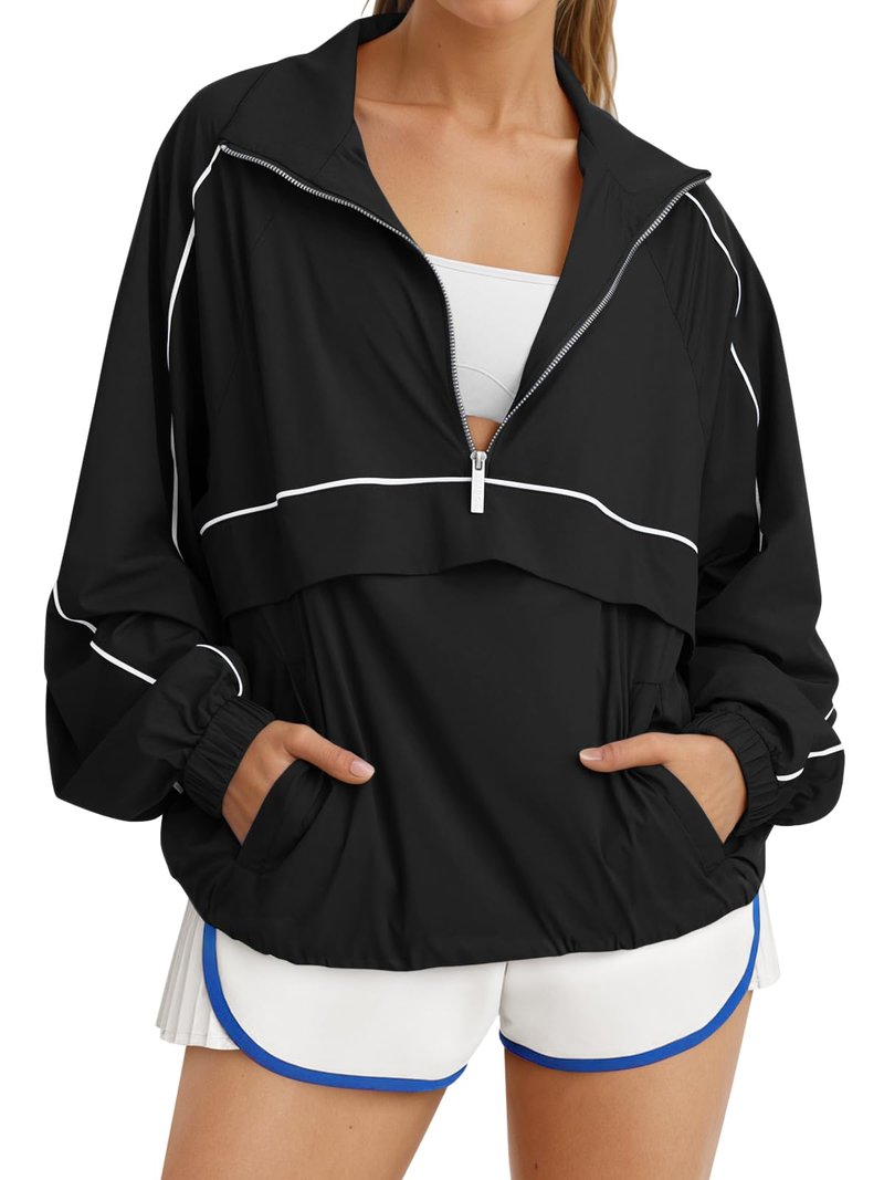 Fisoew Quarter Zip Pullover Women UPF 50+ Lightweight Windbreaker Jacket Running Hiking Outdoor Pullover with Pocket