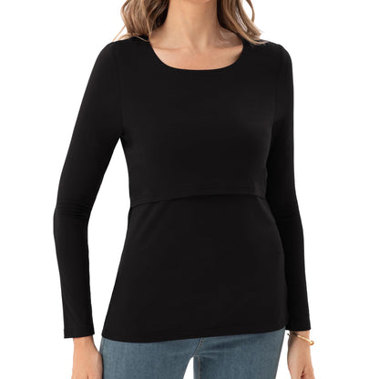 Bearsland Women's Nursing Shirt Long Sleeve Round Neck Breastfeeding Top, Black & Army Green & White Stripes, L