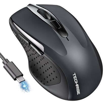 TechRise Bluetooth Mouse, Rechargeable Wireless Mouse (BT5.0/3.0 & 2.4G), 4800DPI Adjustable, 6-Button Silent Computer Mice, USB A Ergonomic Wireless Mouse for Laptop PC Mac, Grey