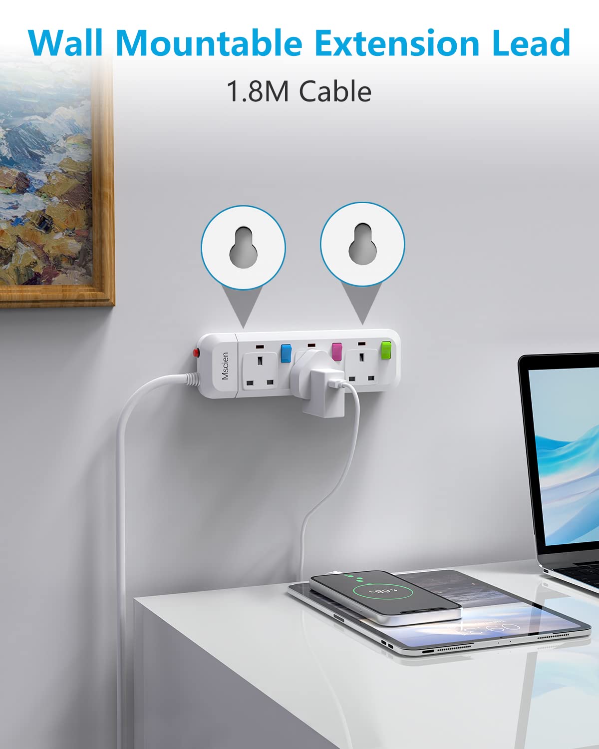 Mscien Extension Lead with Switches, 3 Way Plug Sockets with Overload Protection Surge Protection 1.8M Extension Cable Wall Mountable Power Strip