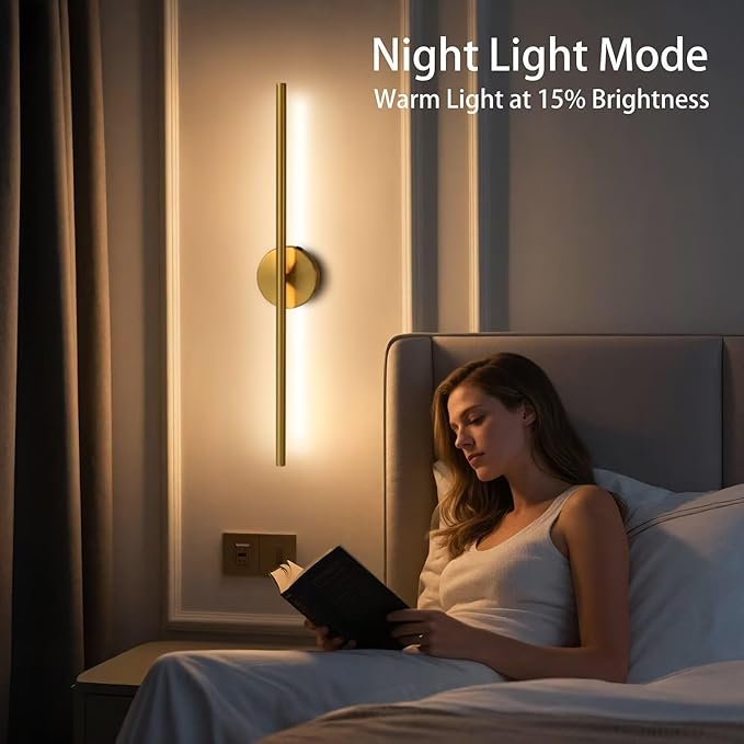 Rechargable Wall Sconce Set of Two, Modern Wireless Brass Wall Light Sconce with Remote, 28.35Inch Dimmable Indoor Home Wall Decor Lights for Bedroom, Living Room, Hallway (Bronze/Round)