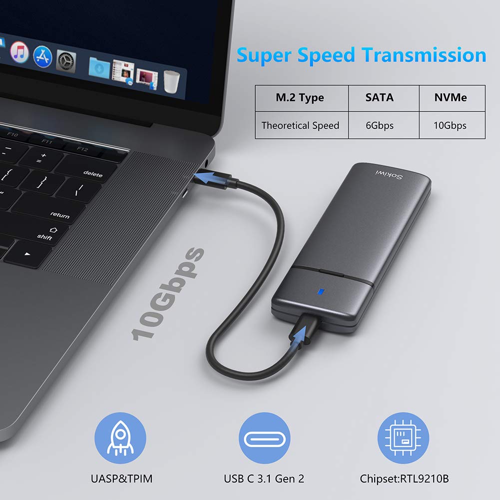 M.2 NVMe SATA SSD Enclosure Adapter Tool-Free,Sokiwi USB 3.2 Gen2 10Gbps External to USB PCI-E 6Gbps SATA M-Key / B+M Key, NVMe Reader Support UASP Trim for SSDs 2230/2242/2260/2280