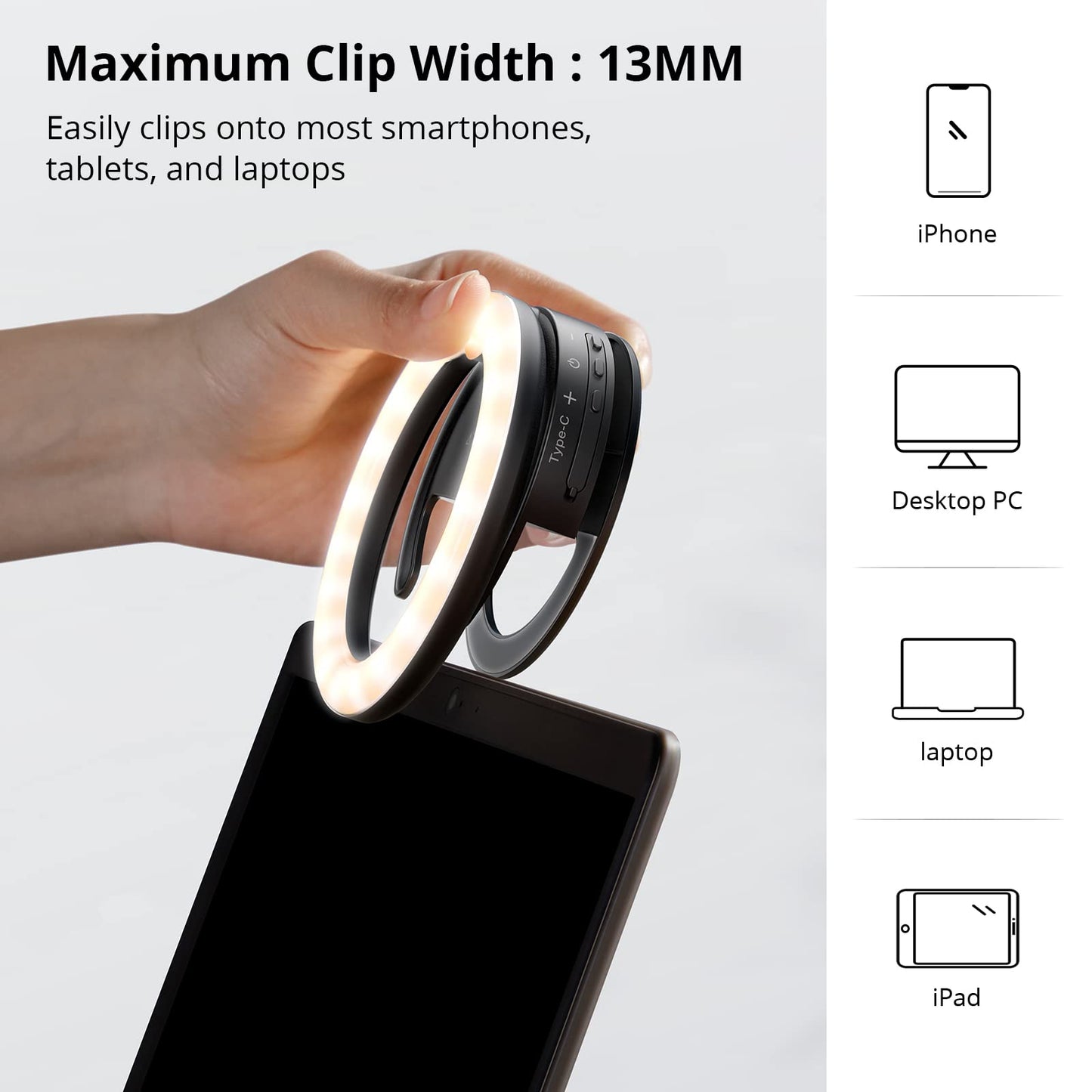 ATUMTEK 40 LED Rechargeable Clip-On Phone Selfie Ring Light for Photo and Video for Streaming, TikTok, Instagram, Zoom Meeting and Video Conferencing – Black
