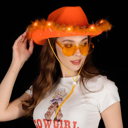 Funcredible Orange Cowboy Hat and Glasses - Light Up Cowgirl Hat for Girls - Cowboy Hats with Feathers - Halloween Hats for Women