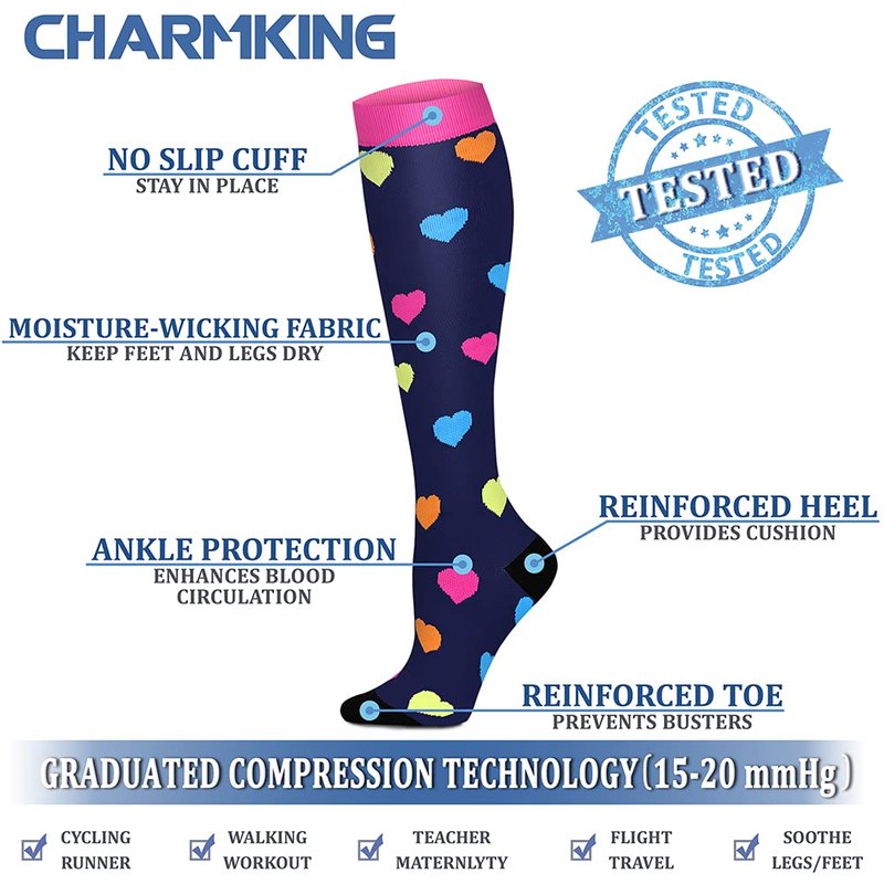 CHARMKING Compression Socks for Women & Men (8 Pairs) 15-20 mmHg Graduated Copper Support Calf Socks are Best for Pregnant, Nurses - Boost Performance, Circulation, Knee High Wide Calf(L/XL, Multi 23)