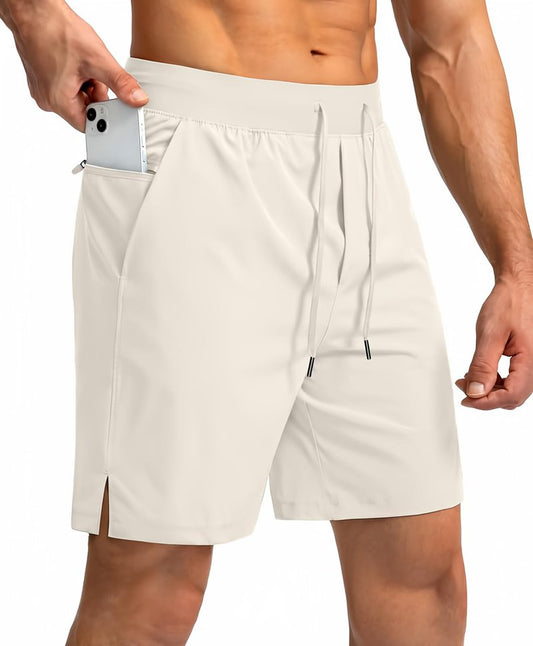 Soothfeel Men's Running Shorts with Zipper Pockets 7 Inch Lightweight Quick Dry Gym Athletic Workout Shorts for Men (Bone, S)