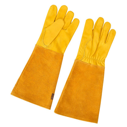 Leather Gauntlet Gardening Gloves for Women and Men, Breathable Rose Pruning Gloves with Thorn Proof Gauntlet, Long Durable Cowhide Sleeves Garden Gloves Work for Gardener and Farmer(M,Yellow)