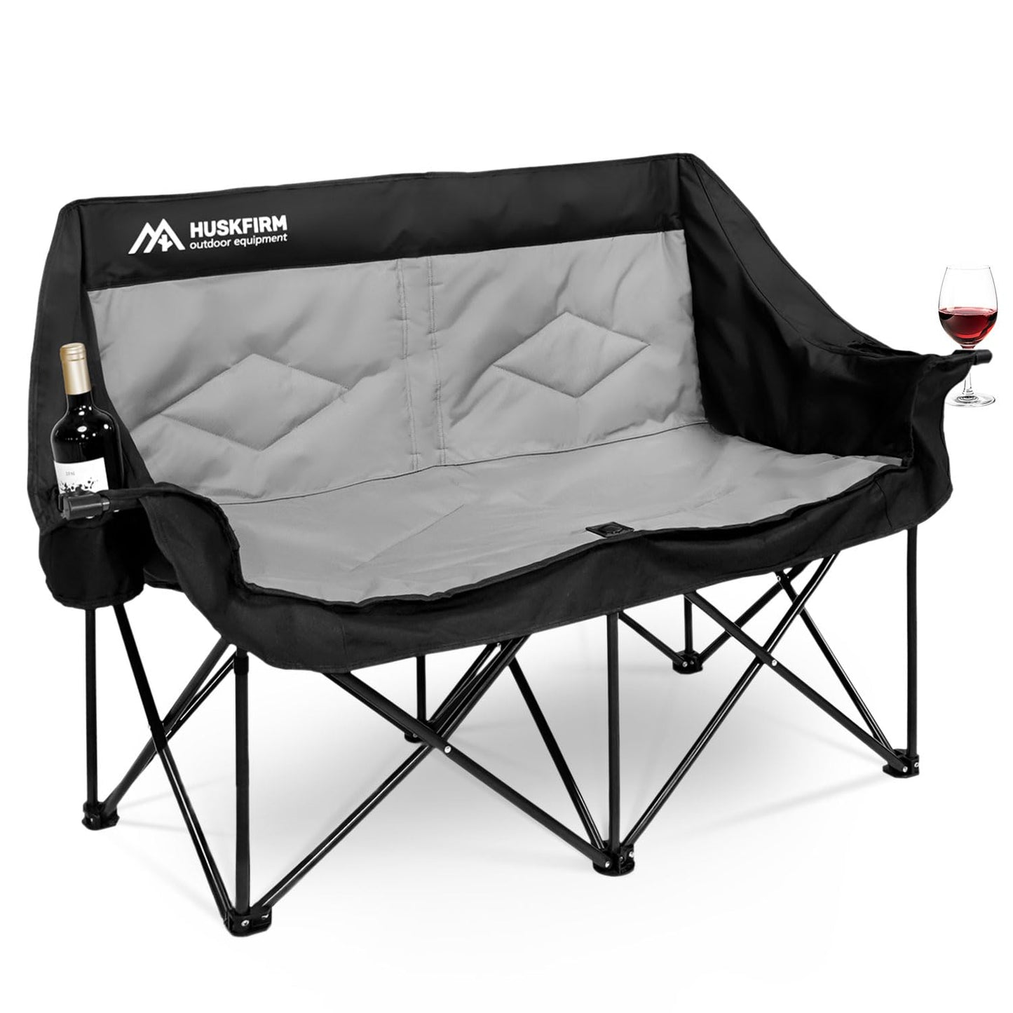 Huskfirm 2 Person Camping Chair Oversized Loveseat Camping Chair Double Camping Chairs for Adults Heavy Duty Camping Couch Black Outdoor Folding Chair Portable Patio Lawn Chair