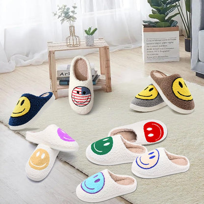 AIMINUO Women's Men's Retro Preppy Happy Face Slippers Comfy Warm Plush Slip-On House Slipper for Winter Indoor Soft Cushion Non-slip Fluffy Slides Slippers Purple 7.5-8.5 Women/7-8 Men